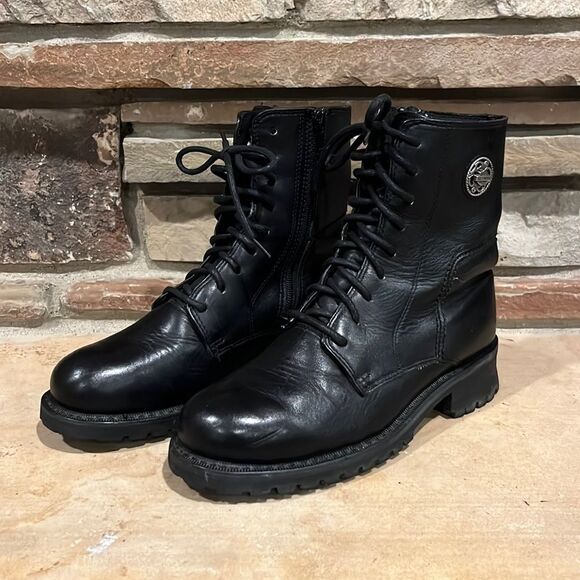 Harley Davidson Black Leather Lace Up Moto Boots